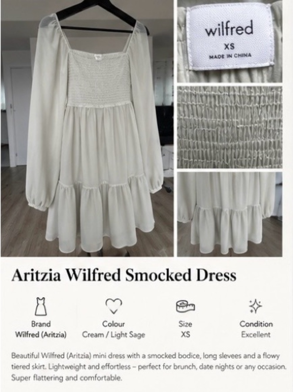 Wilfred Cream Smocked Square-Neck Mini Dress
